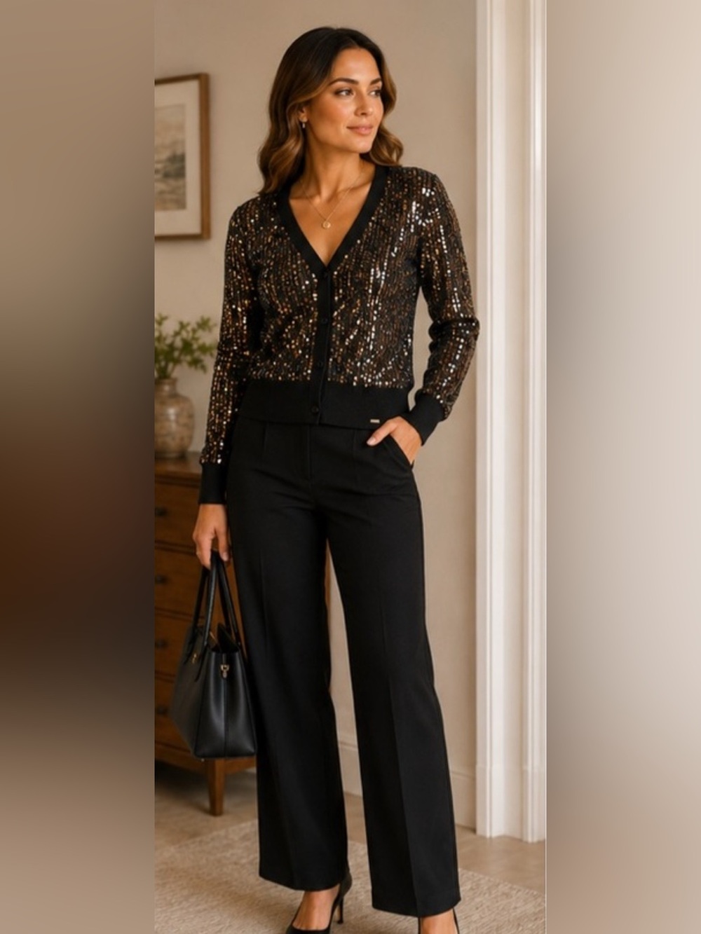 GUESS Sweater Womens Size XL Black Sequins Long Sleeve Button Up V-Neck Sparkly